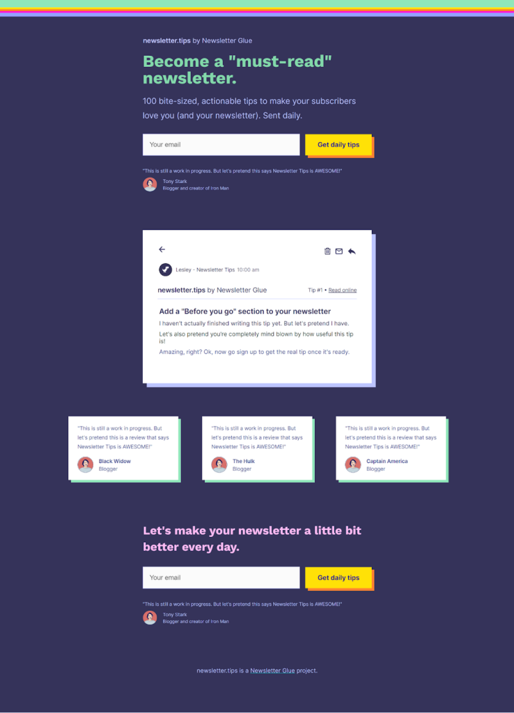 newsletter tips landing page